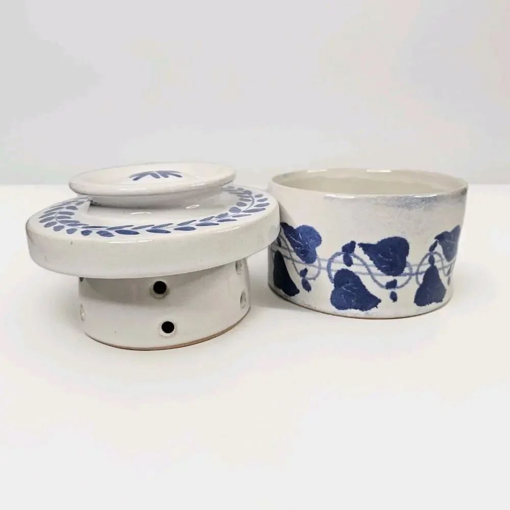 Vintage Amnion Triana Salt Glaze Stoneware Floral Print Butter Crock W Lid